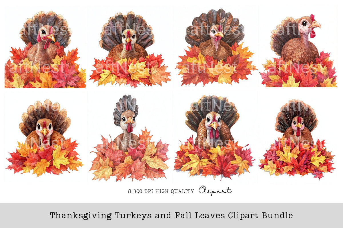 Thanksgiving Turkeys And Fall Leaves Clipart Bundle