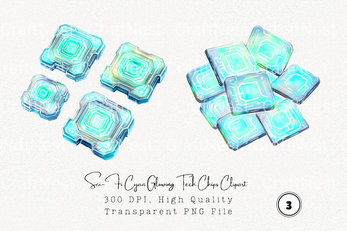 Sci Fi Cyan Glowing Tech Chips Clipart Bundle