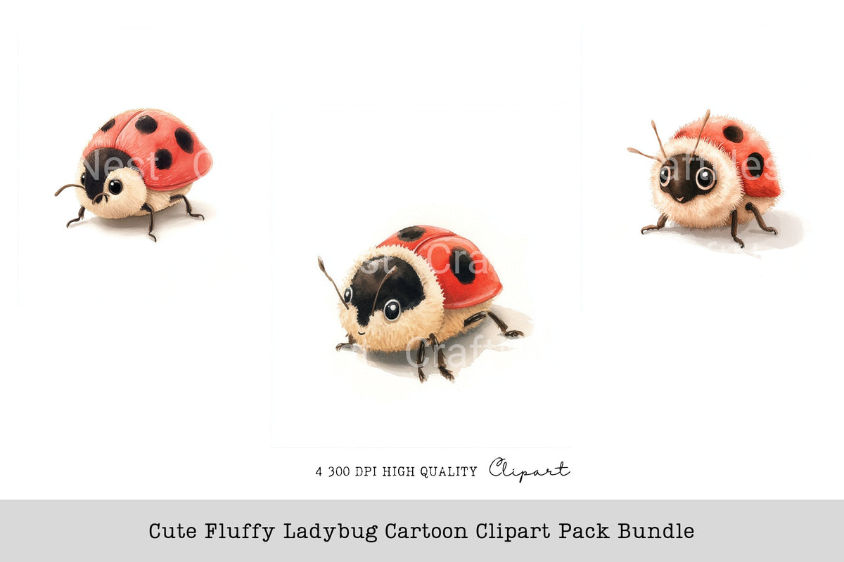 Cute Fluffy Ladybug Cartoon Clipart Bundle