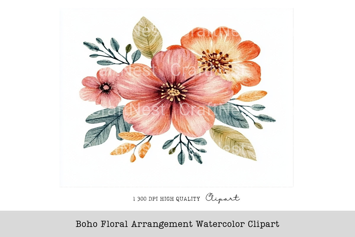 Boho Floral Arrangement Clipart Bundle