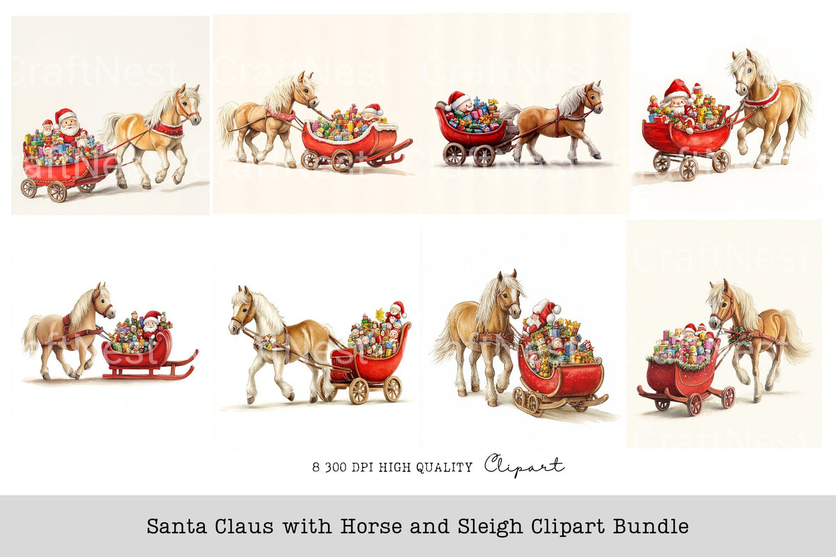 Santa Claus With Horse And Sleigh Clipart Bundle