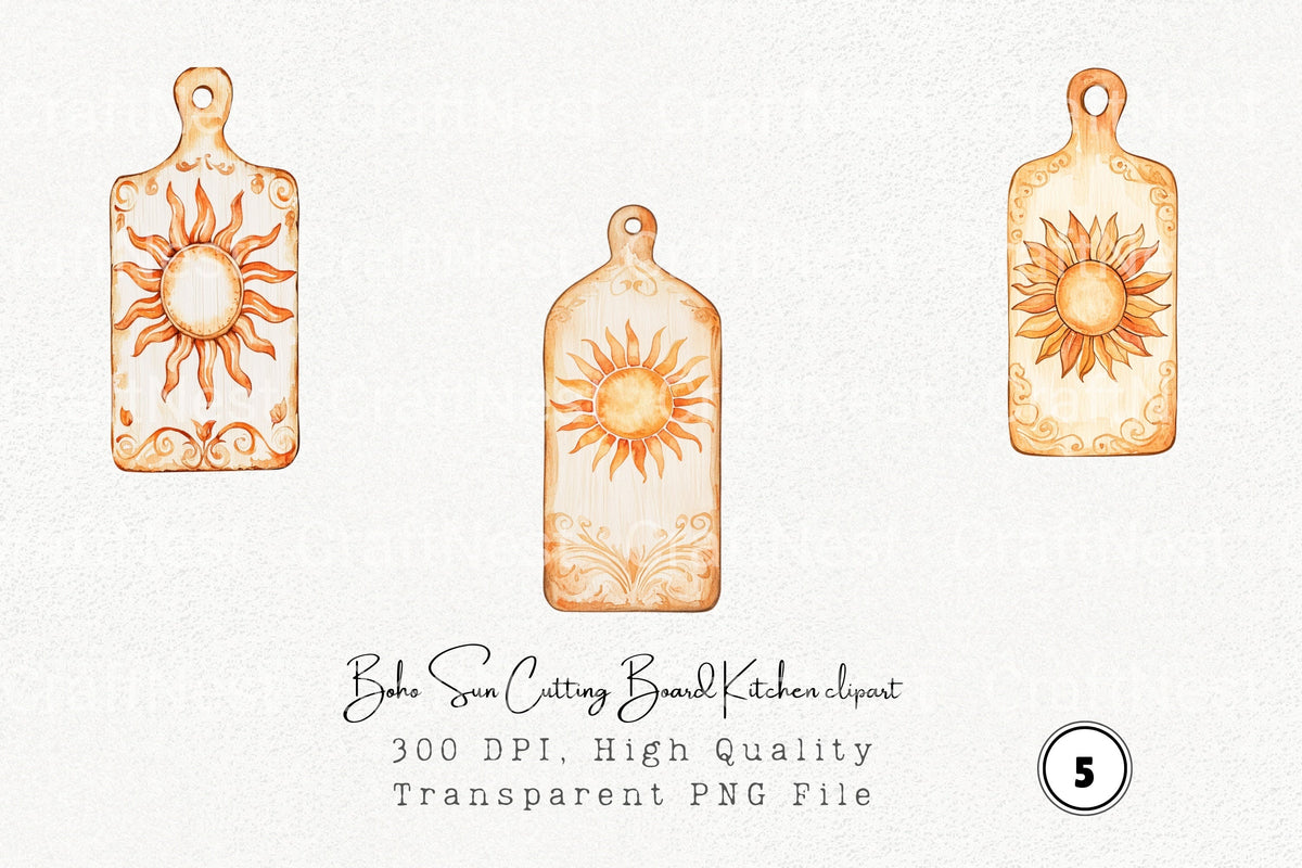 Boho Sun Cutting Board Kitchen Clipart Bundle