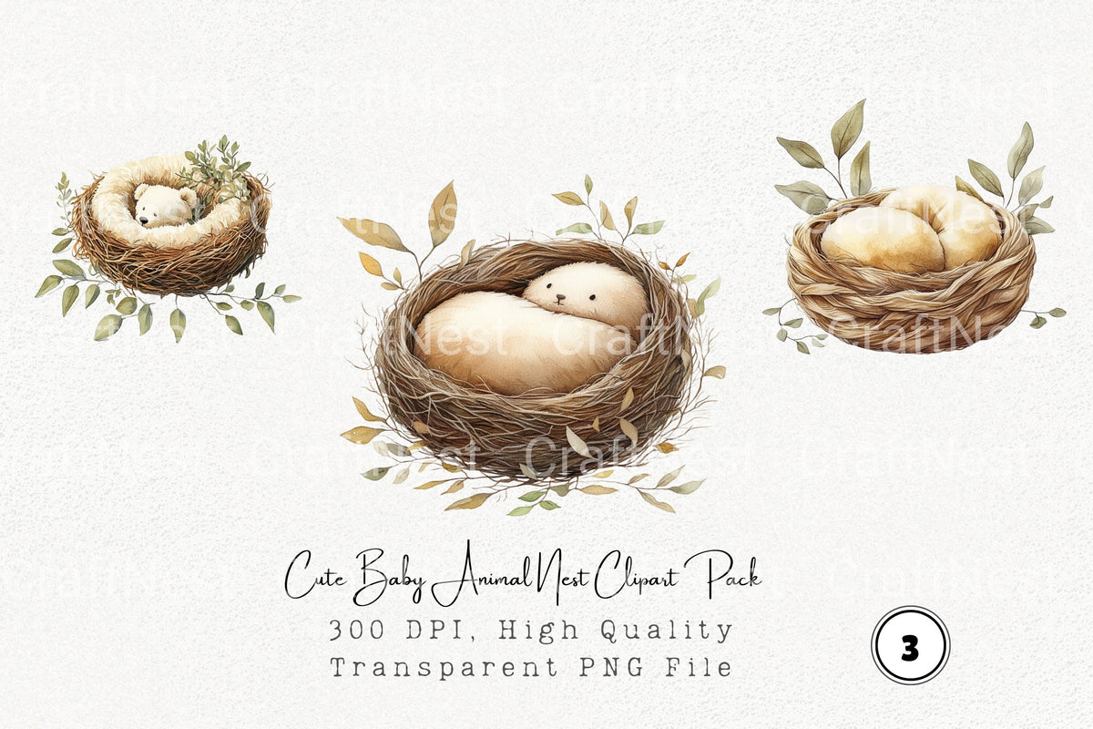 Cute Baby Animal Nest Clipart Bundle