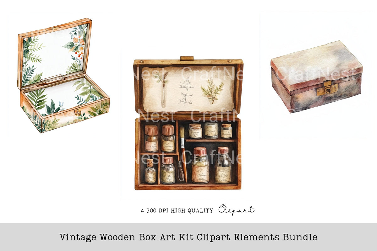 Vintage Wooden Box Elements Clipart Bundle