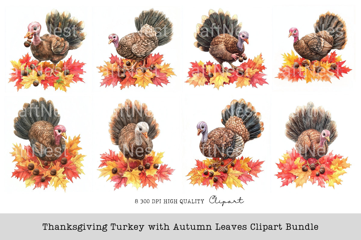 Thanksgiving Turkey With Autumn Leaves Clipart Bundle