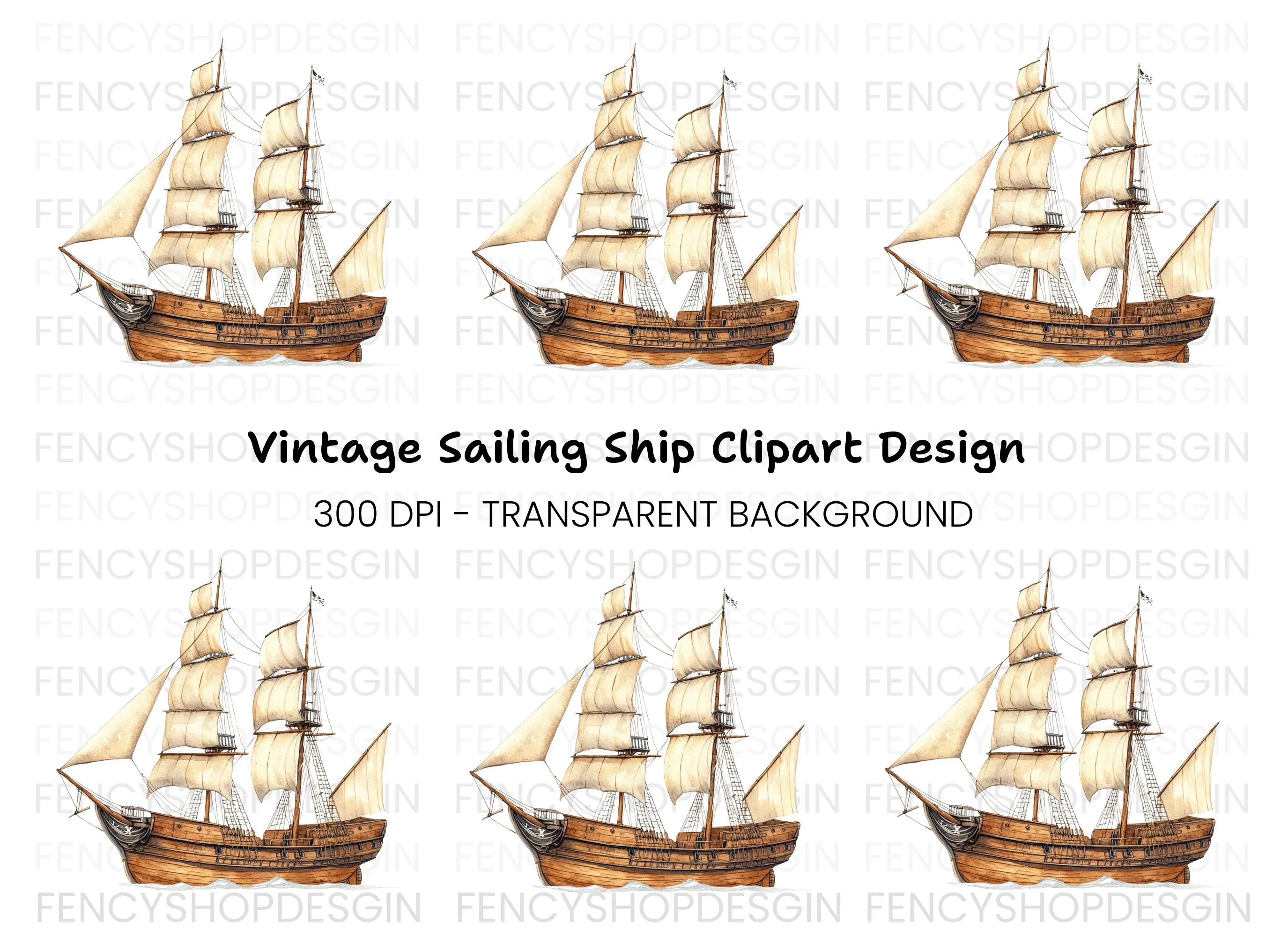 Classic Wooden Sailing Ship Clipart Bundle