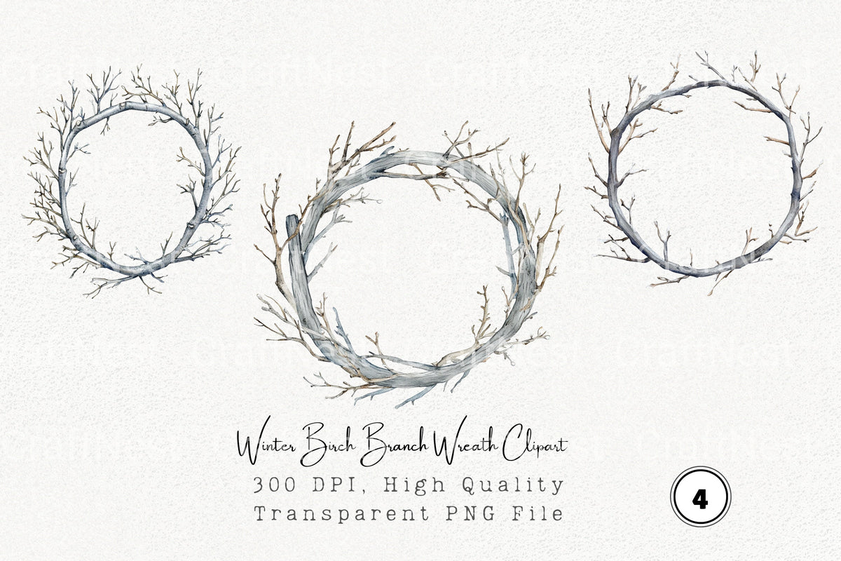 Winter Birch Branch Wreath Clipart Bundle