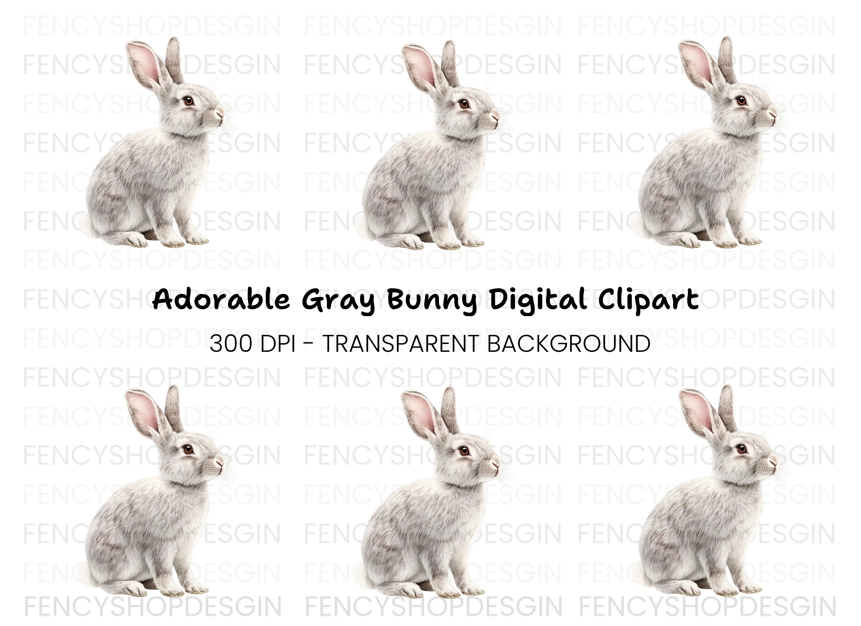 Adorable Grey Rabbit Clipart Bundle