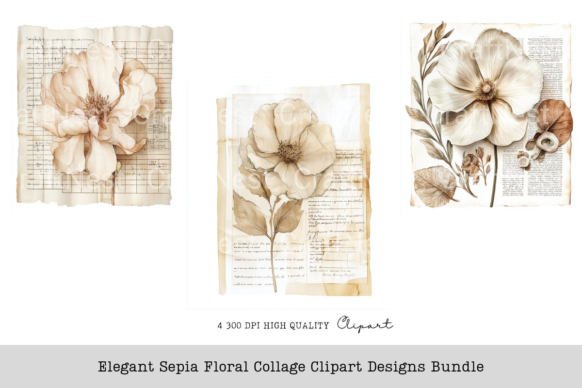 Elegant Sepia Floral Collage Designs Clipart Bundle