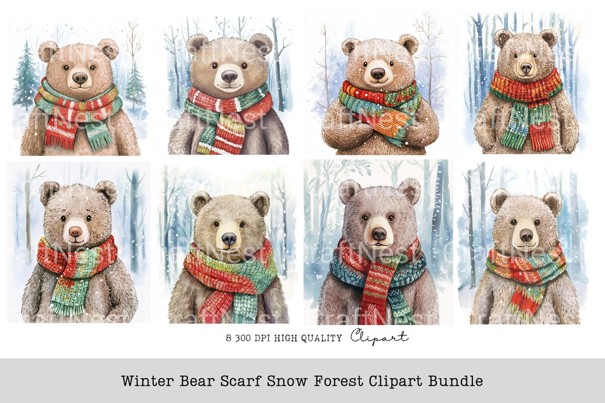 Winter Bear Scarf Snow Forest Clipart Bundle