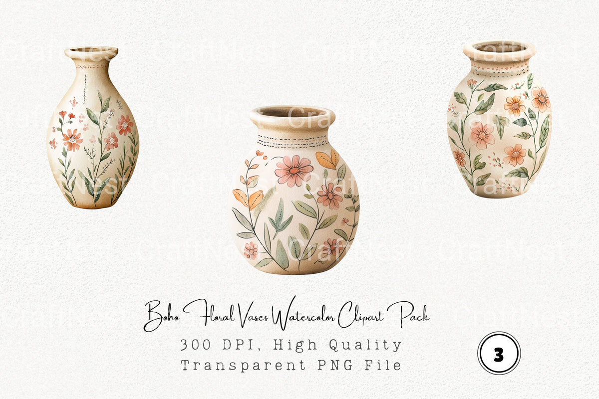 Boho Floral Vases Clipart Bundle