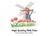 Dutch Windmills and Red Tulips Clipart Bundle