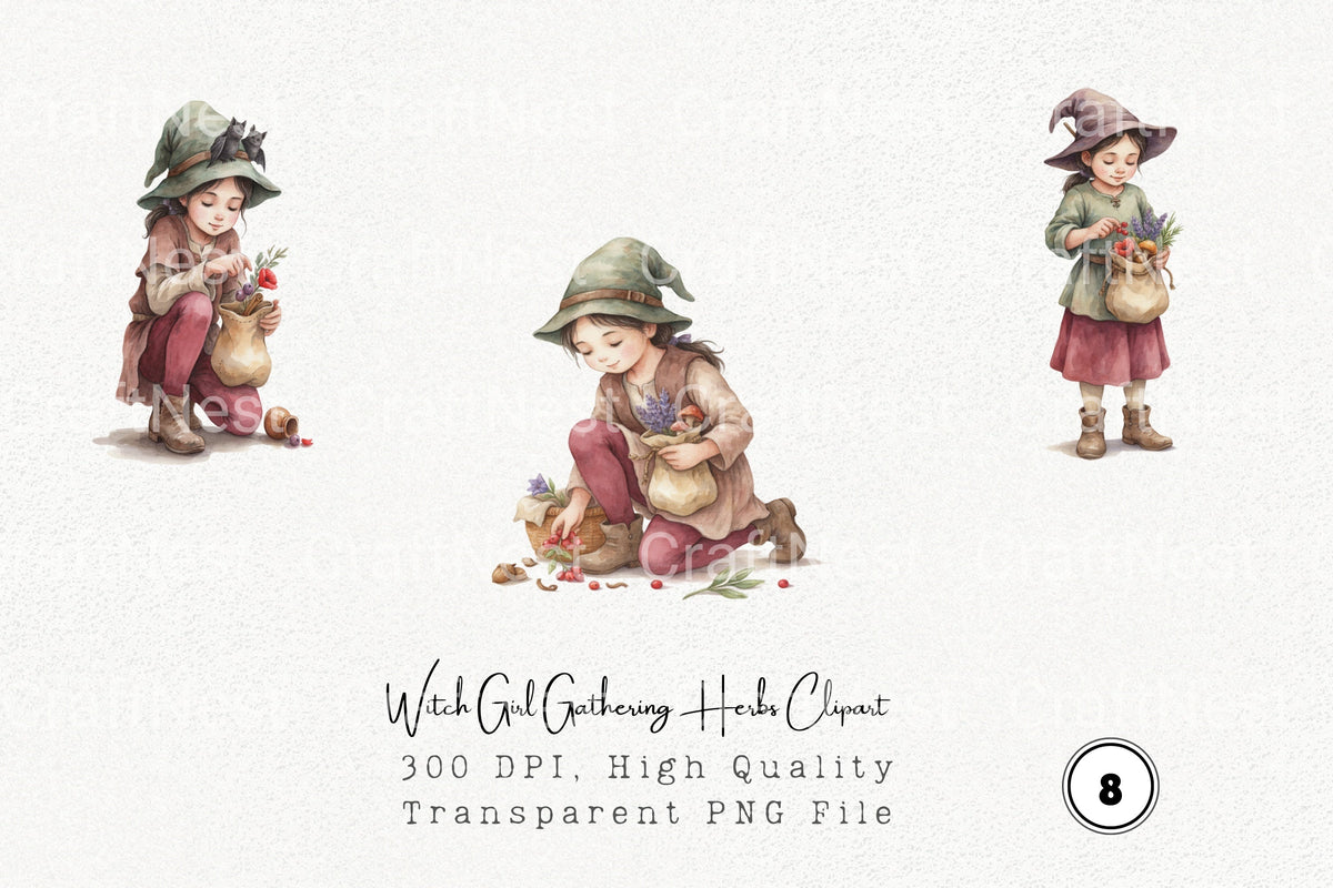 Witch Girl Gathering Herbs Clipart Bundle
