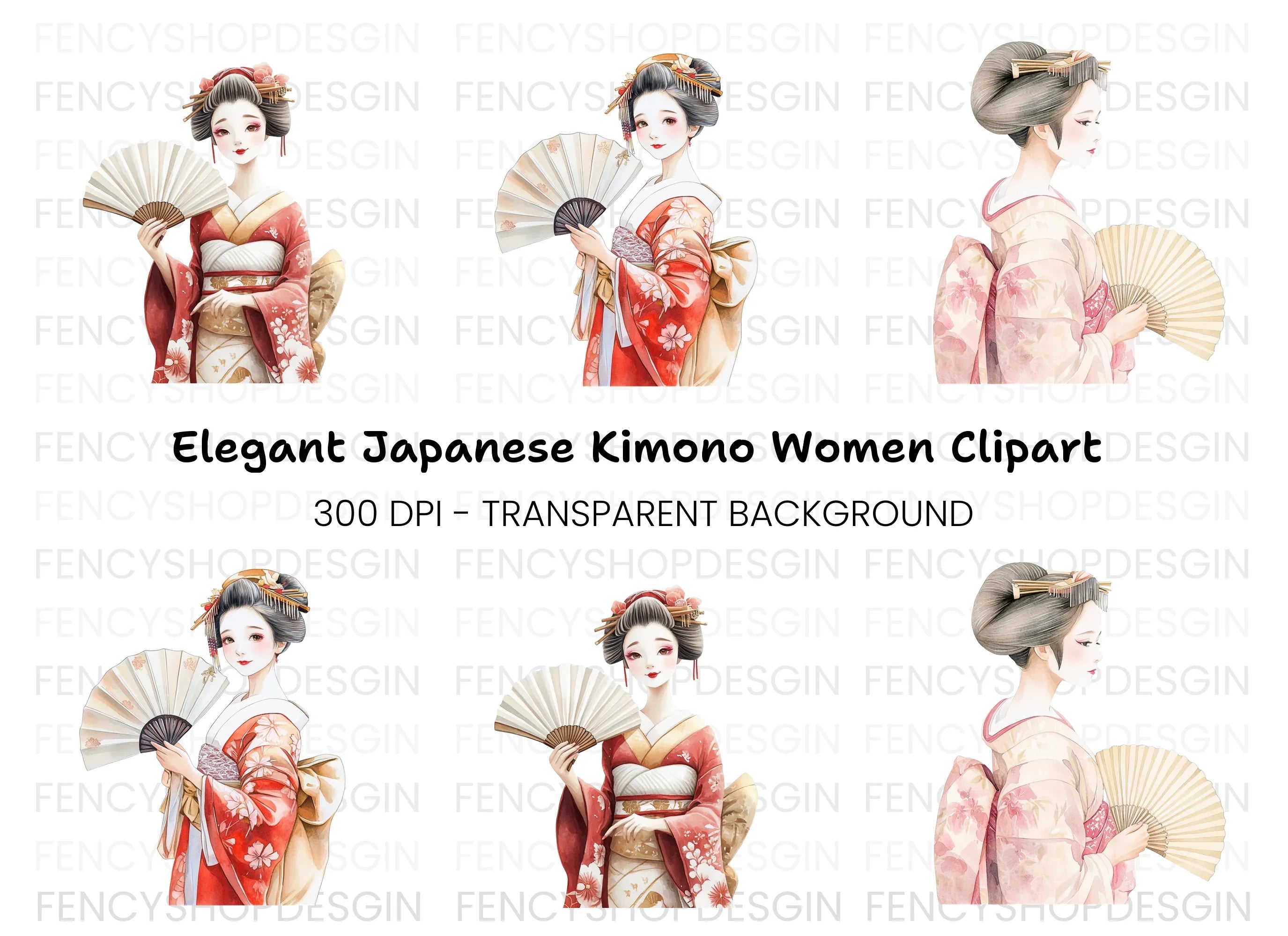 Vibrant Geisha with Fans Clipart Bundle