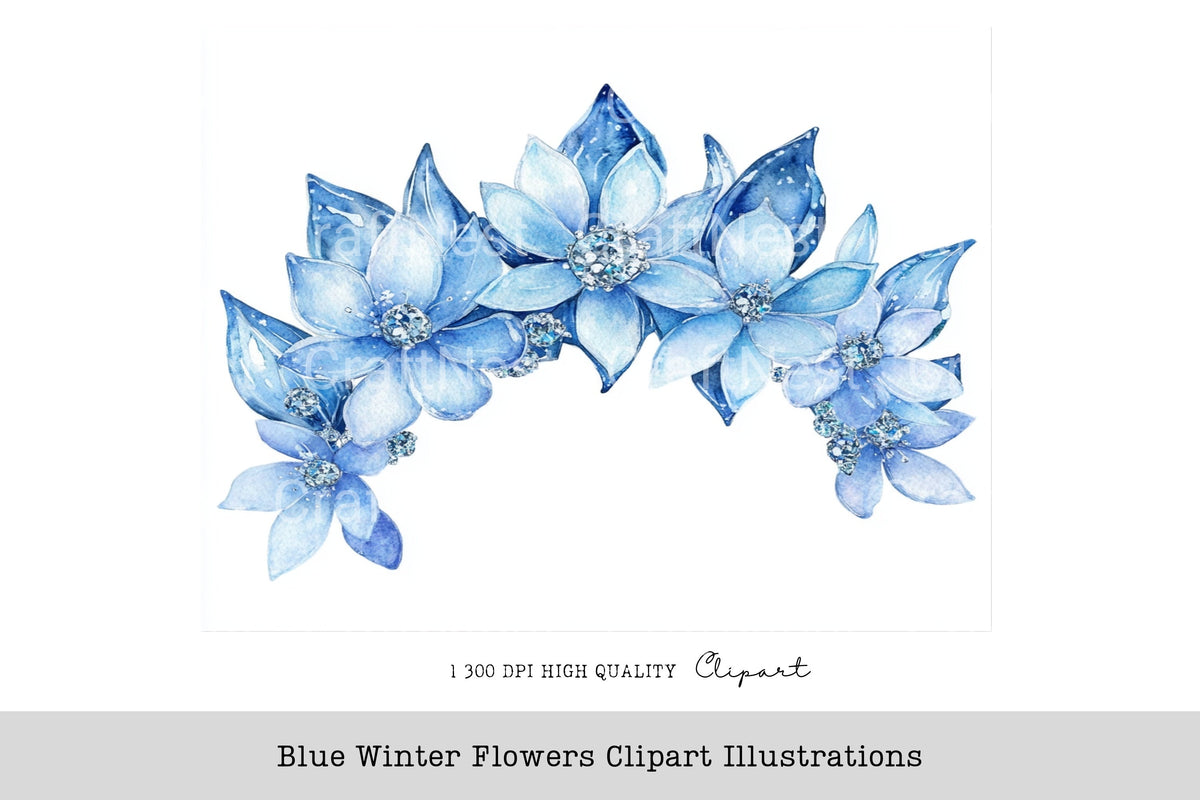 Blue Winter Flowers Illustrations Clipart Bundle