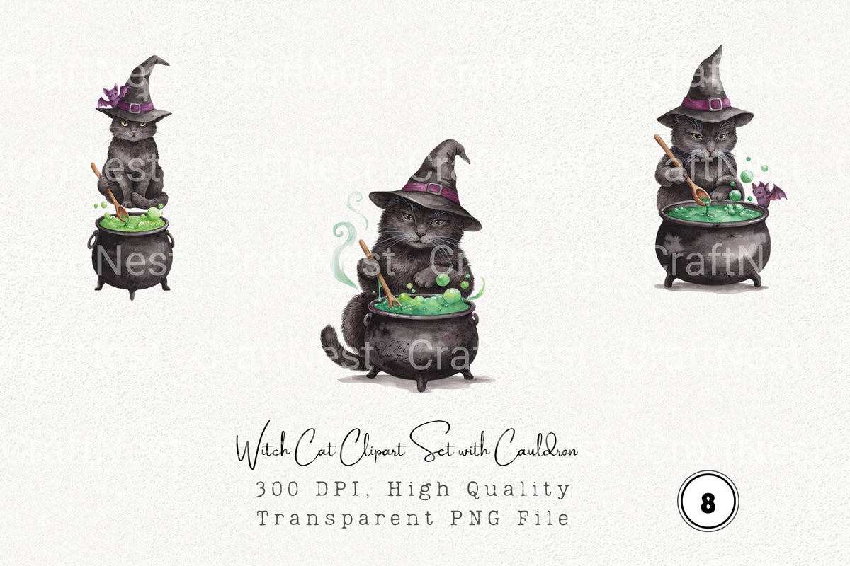 Witch Cat With Cauldron Clipart Bundle
