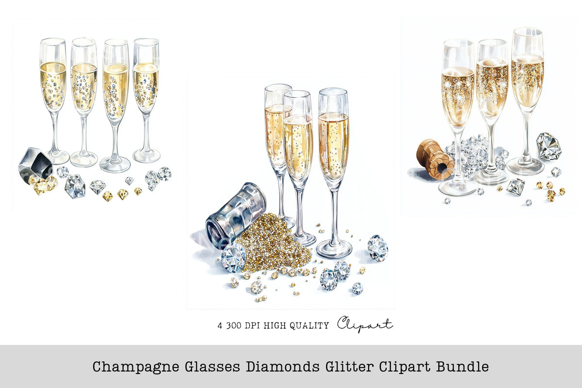 Champagne Glasses Diamonds Glitter Clipart Bundle