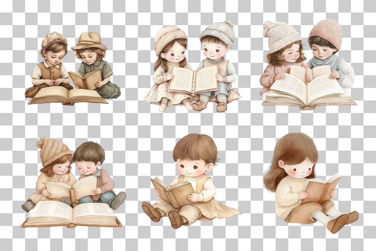 Vintage Children Reading Scene Clipart Bundle - CraftNest - Digital Crafting and Art