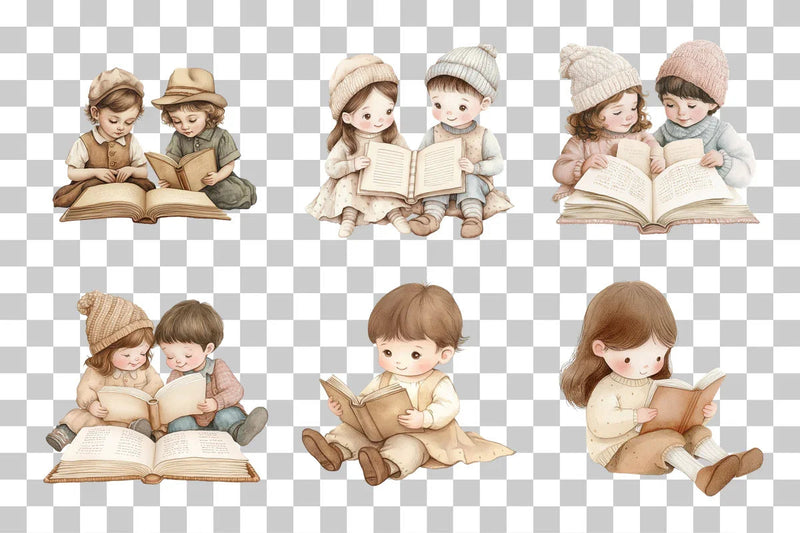 Vintage Children Reading Scene Clipart Bundle - CraftNest - Digital Crafting and Art