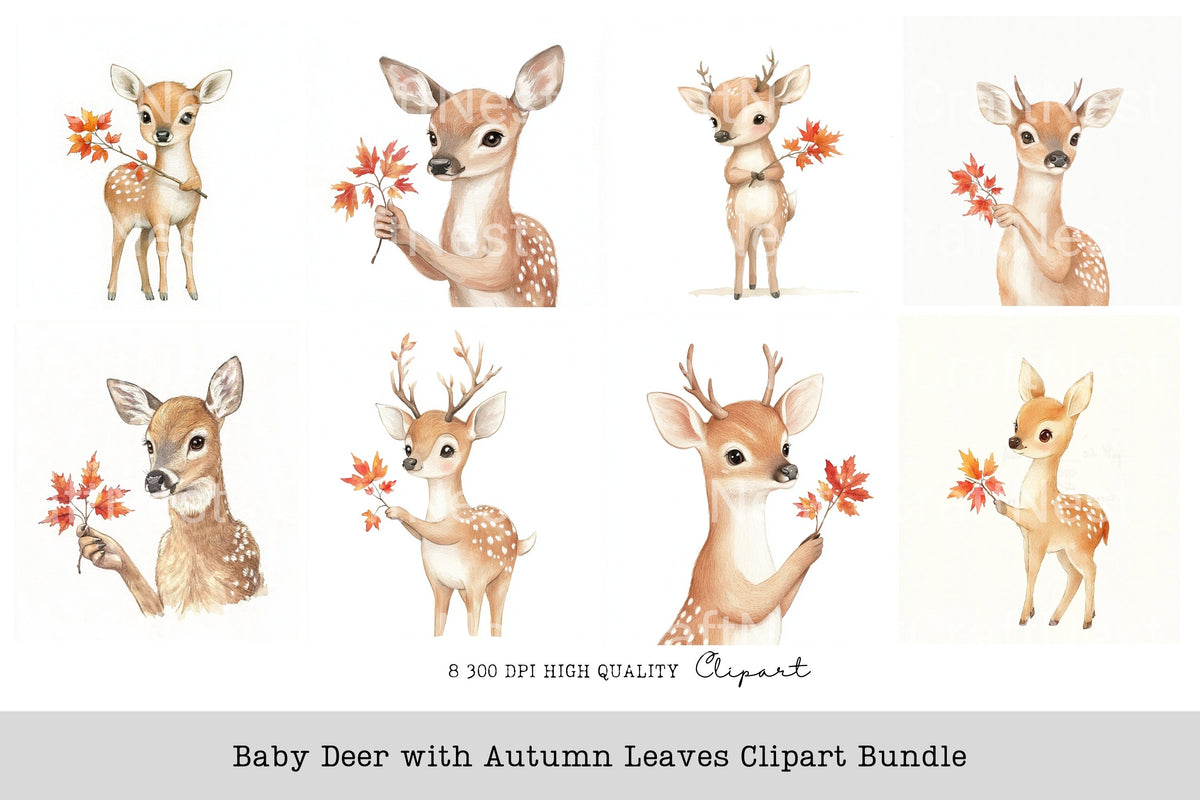Baby Deer With Autumn Leaves Clipart Bundle