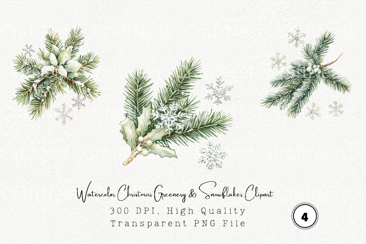 Christmas Greenery Snowflakes Clipart Bundle