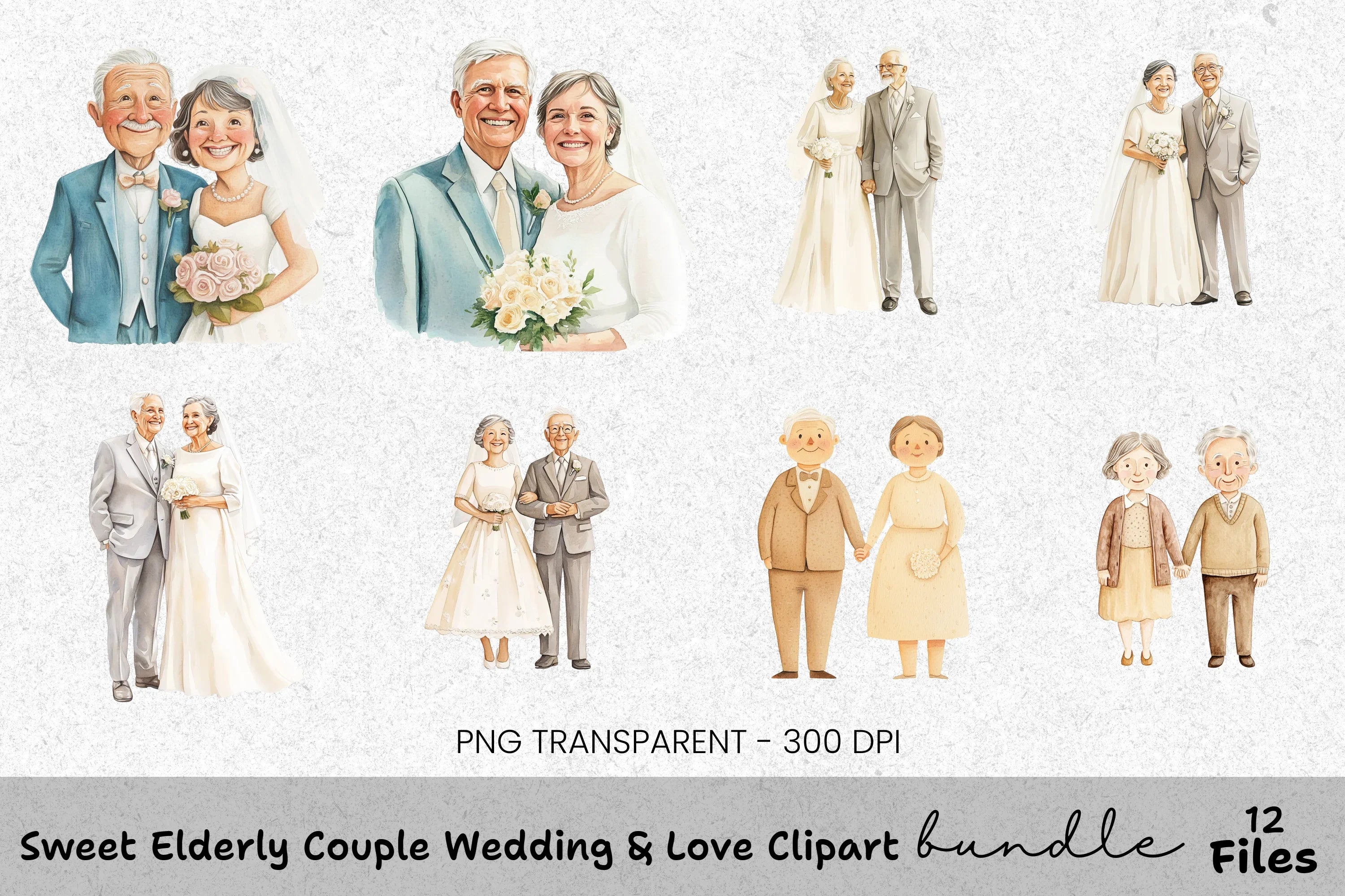 Sweet Elderly Couple Wedding Love Clipart Bundle