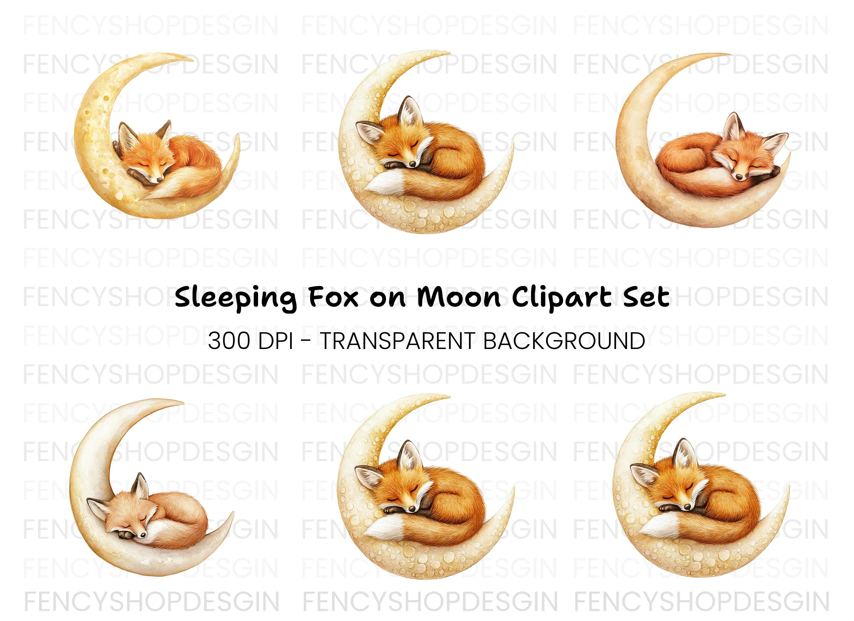 Three Sleeping Foxes on Moon Clipart Bundle