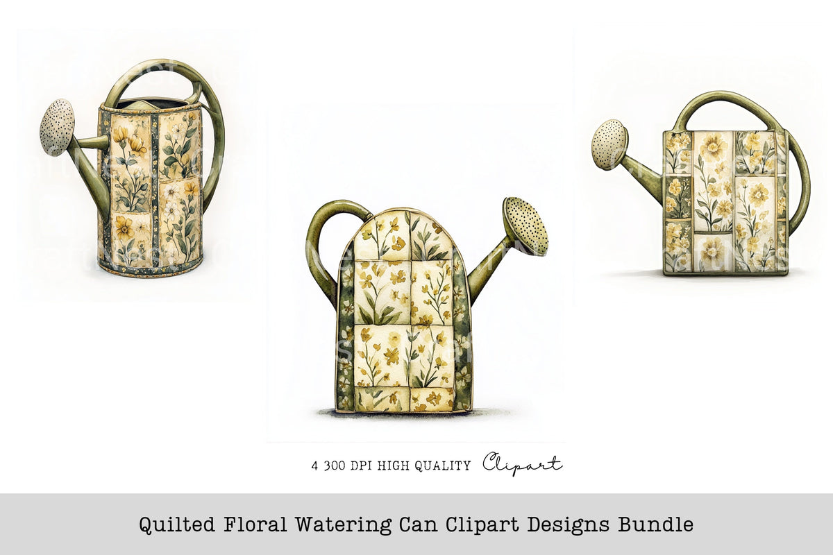 Quilted Floral Watering Can Designs Clipart Bundle