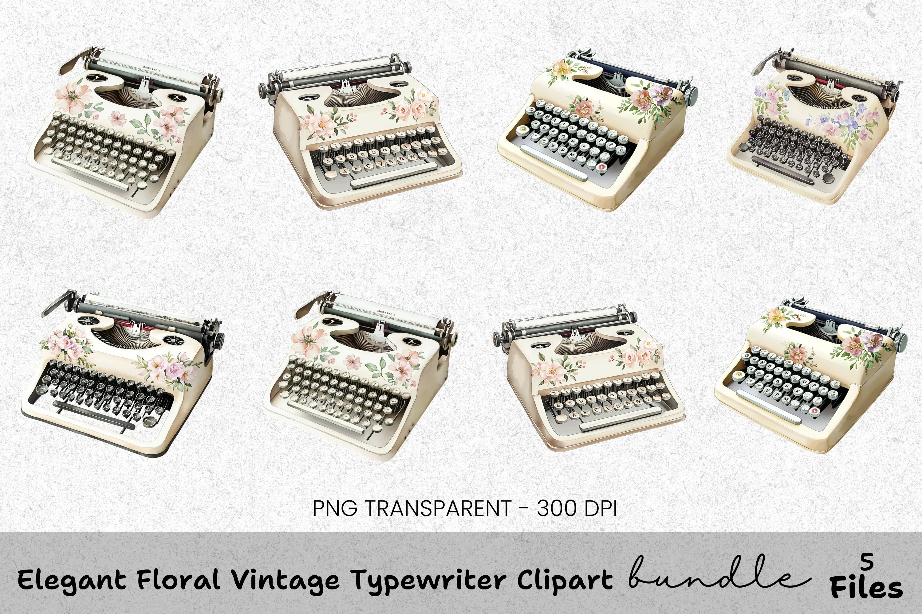 Elegant Floral Vintage Typewriter Clipart Bundle