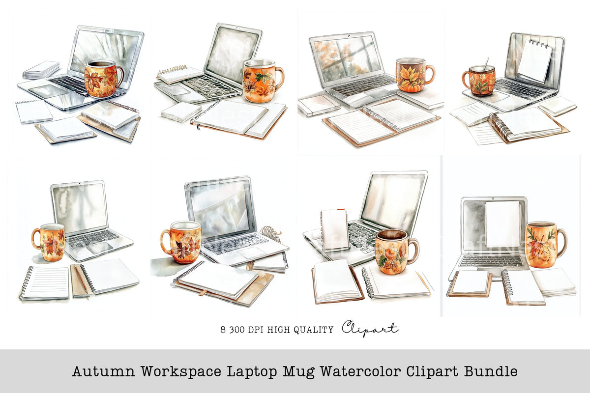 Autumn Workspace Laptop Clipart Bundle