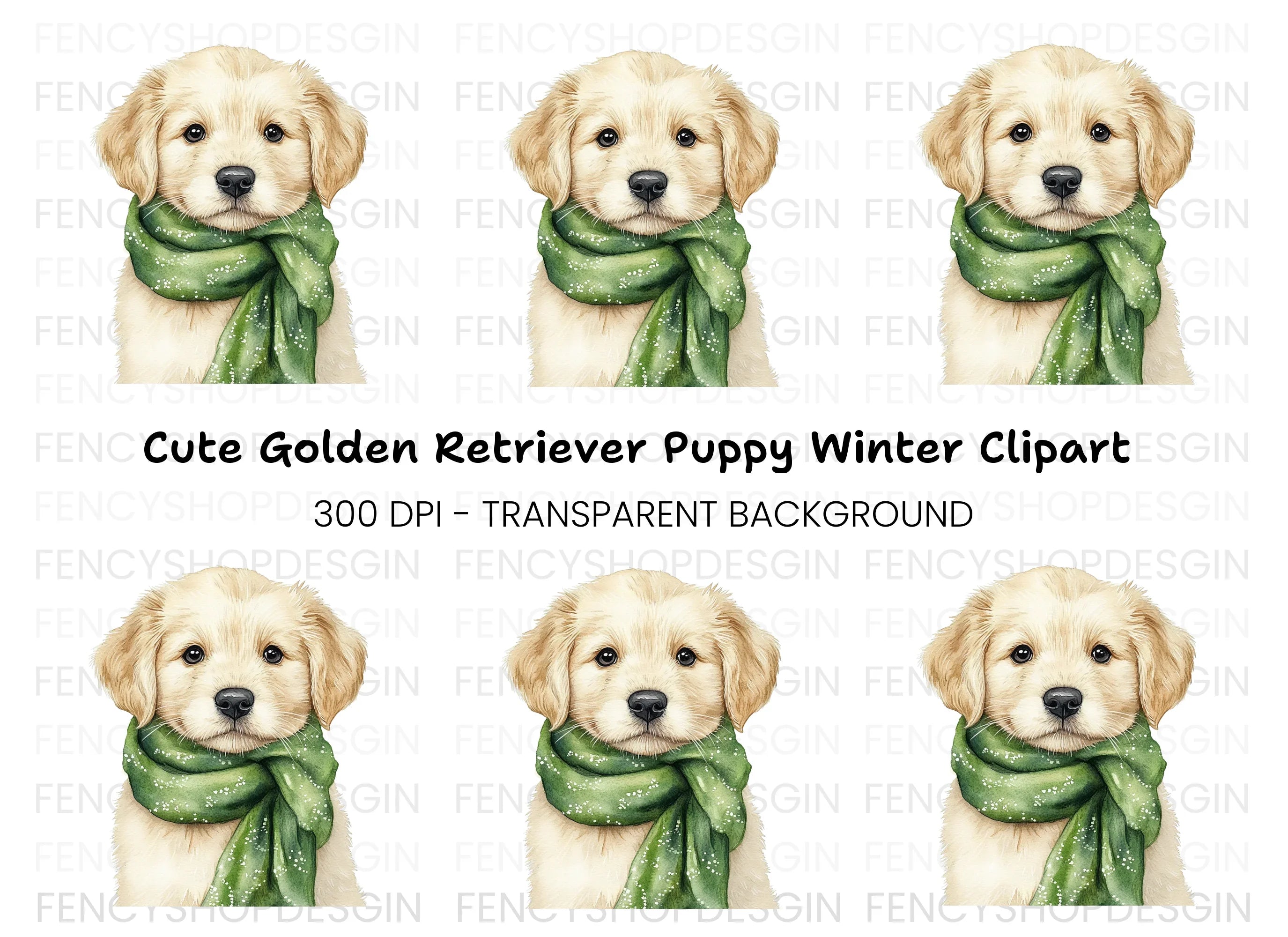 Golden Retriever Puppy with Green Scarf Clipart Bundle