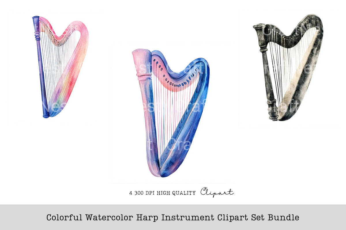 Colorful Harp Instrument Clipart Bundle