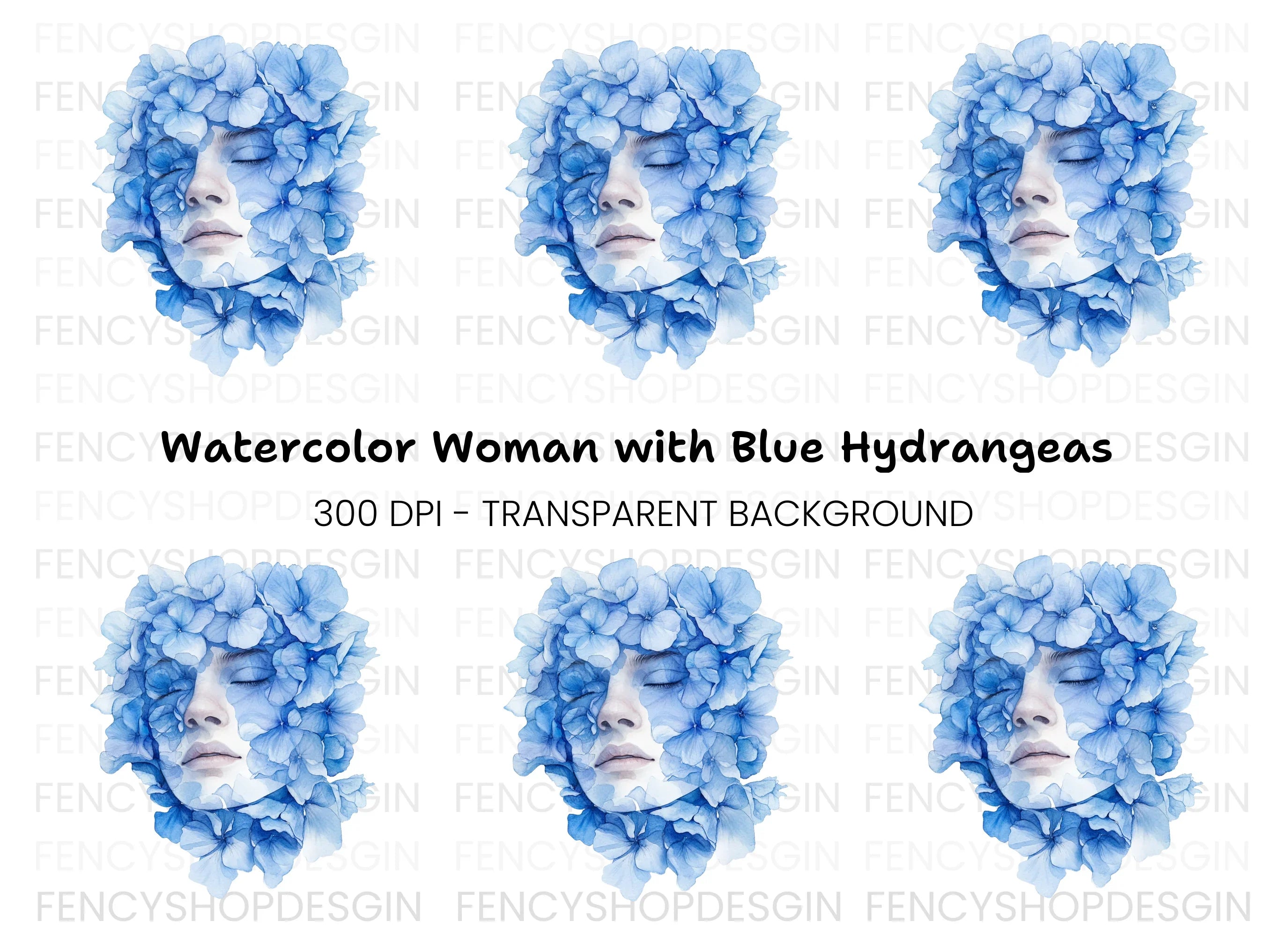 Blue Hydrangea Woman Face Clipart Bundle