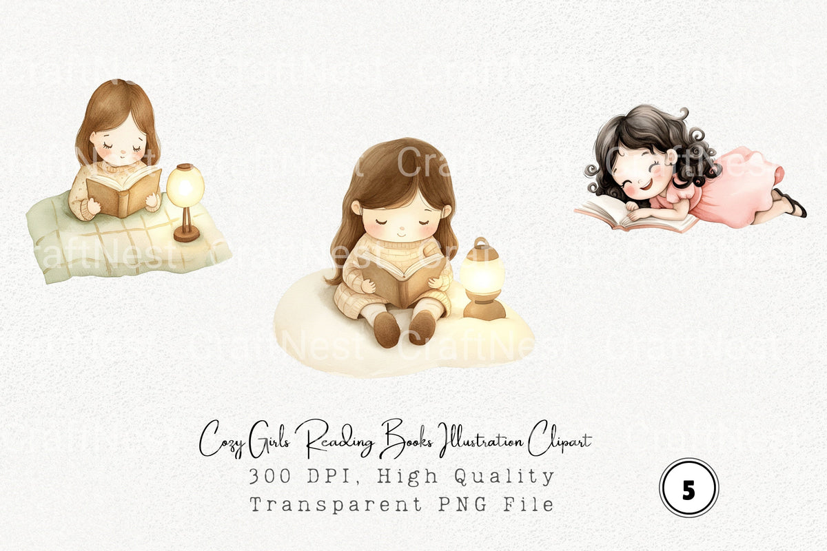 Cozy Girls Reading Books Illustration Clipart Planner