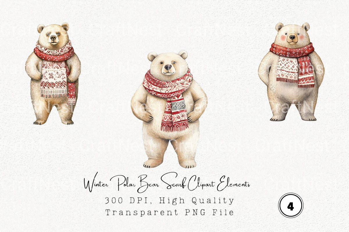 Winter Polar Bear Scarf Elements Clipart Bundle
