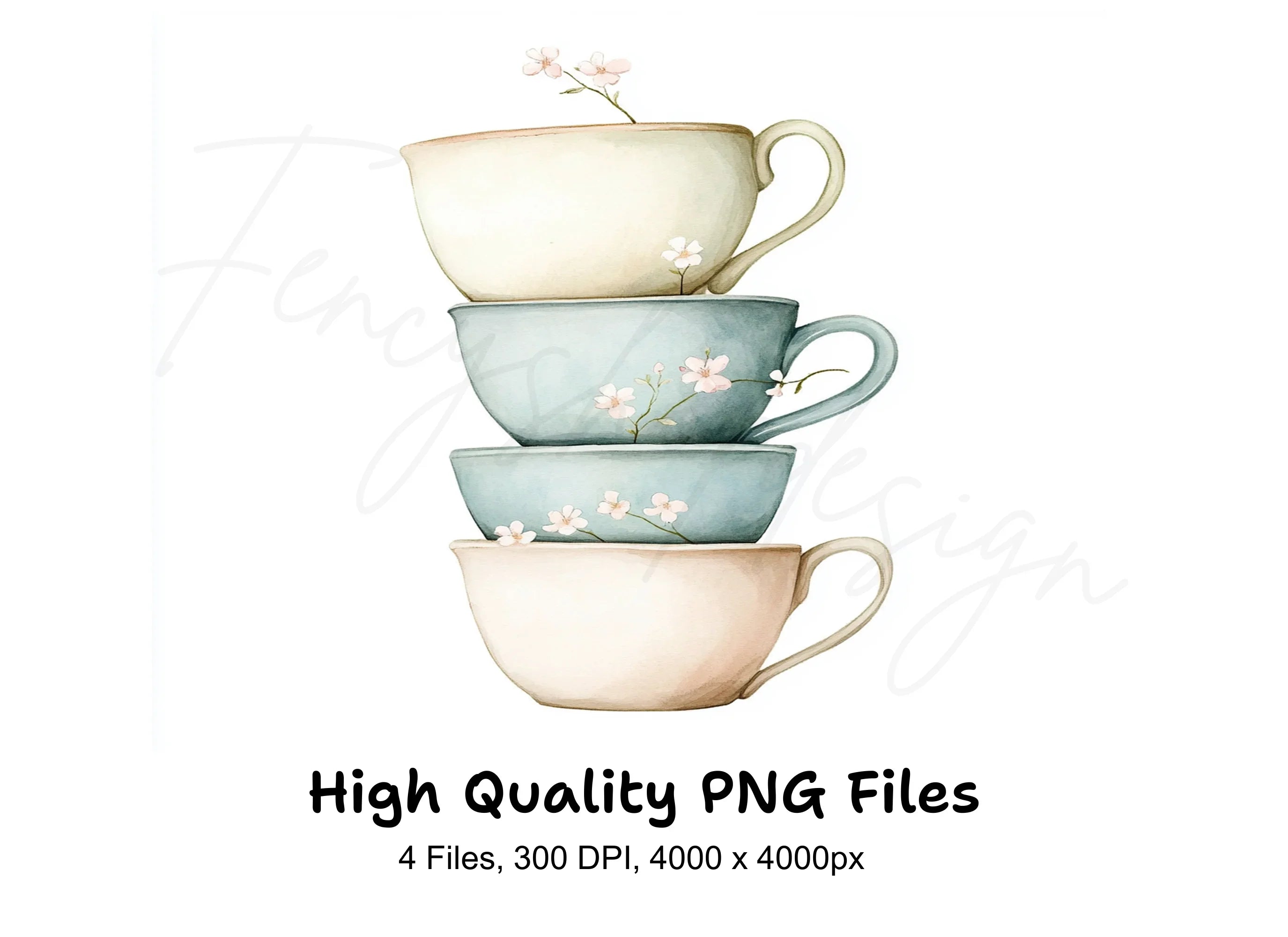 Stacked Pastel Teacups Clipart Bundle
