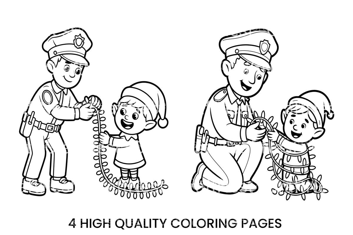 Police Officer and Elf Christmas Lights Coloring Books