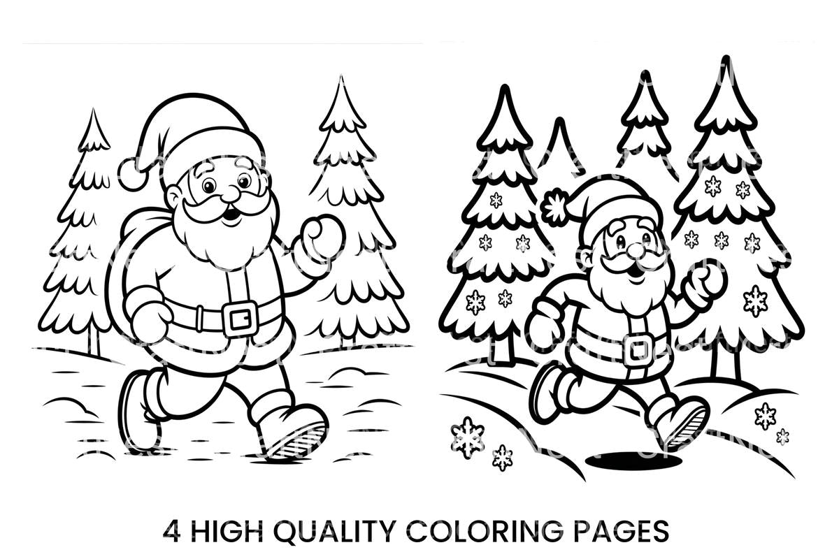 Running Santa Claus in Snowy Forest Coloring Books