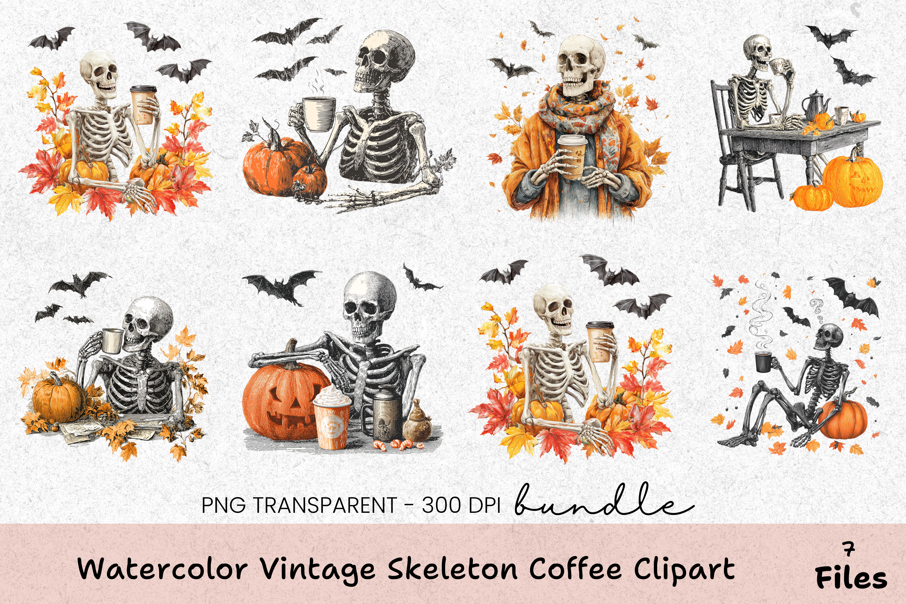 Vintage Skeleton Coffee Clipart Bundle