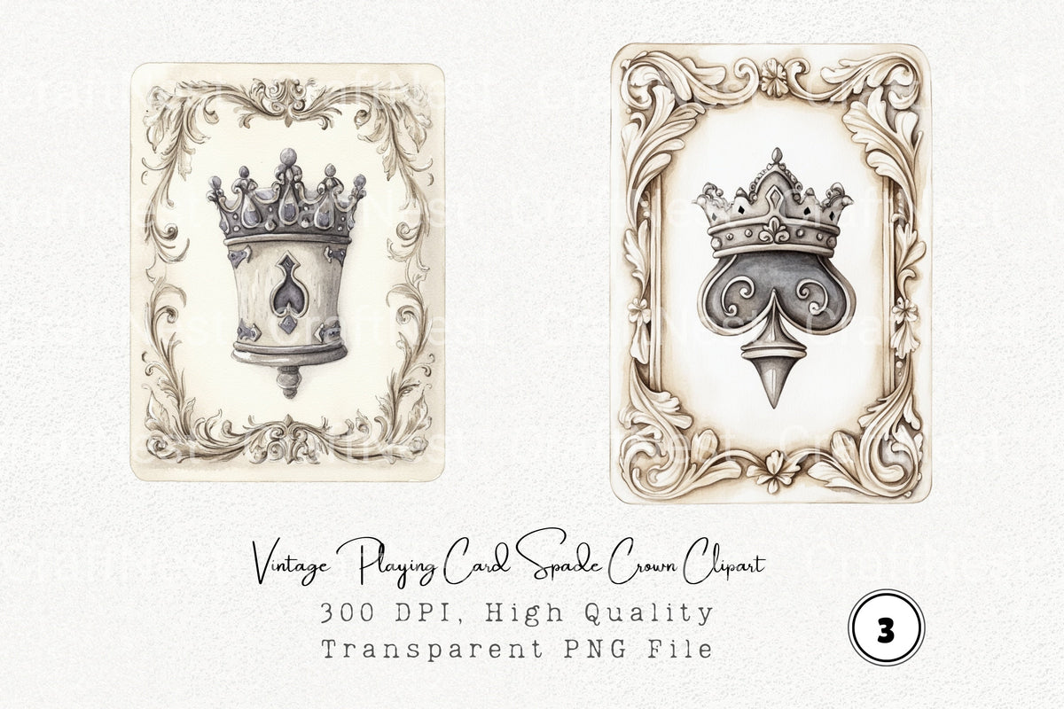 Vintage Playing Card Spade Crown Clipart Bundle