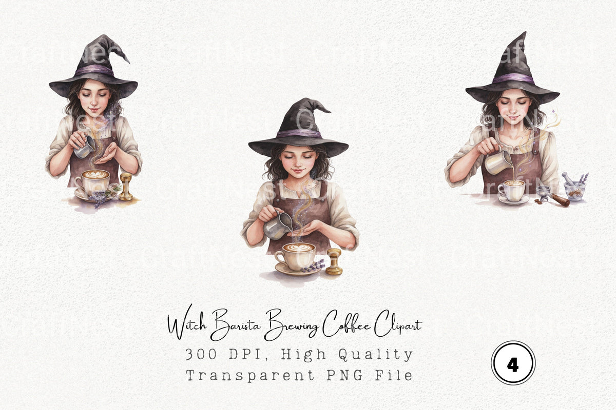 Witch Barista Brewing Coffee Clipart Bundle