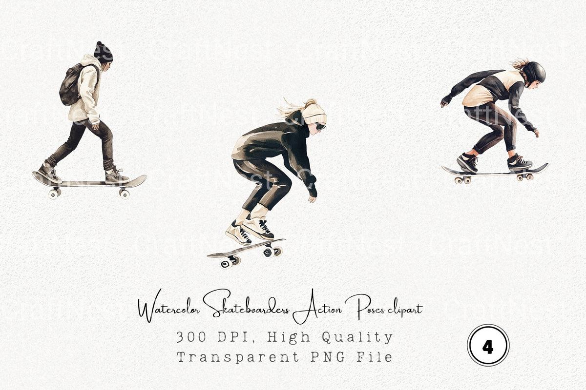 Skateboarders Action Poses Clipart Bundle