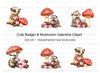 Cute Badger Mushroom Valentine Clipart Bundle