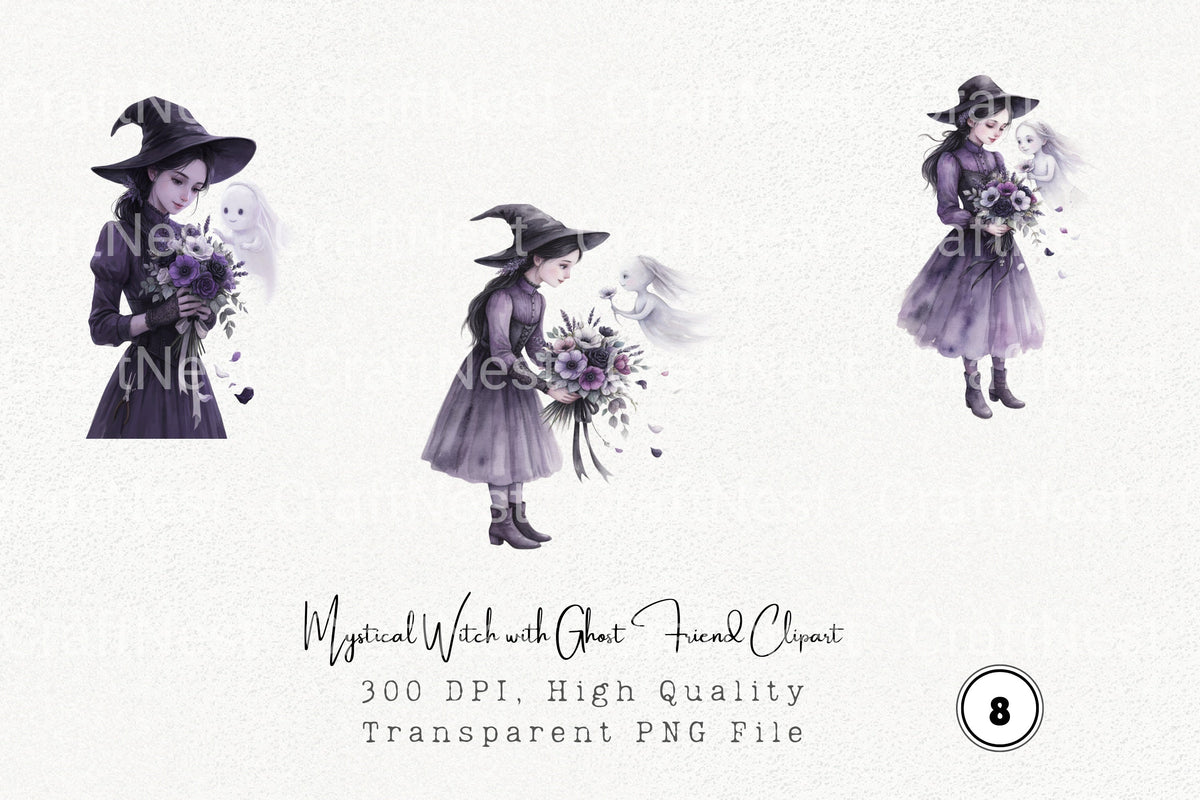 Mystical Witch With Ghost Friend Clipart Bundle