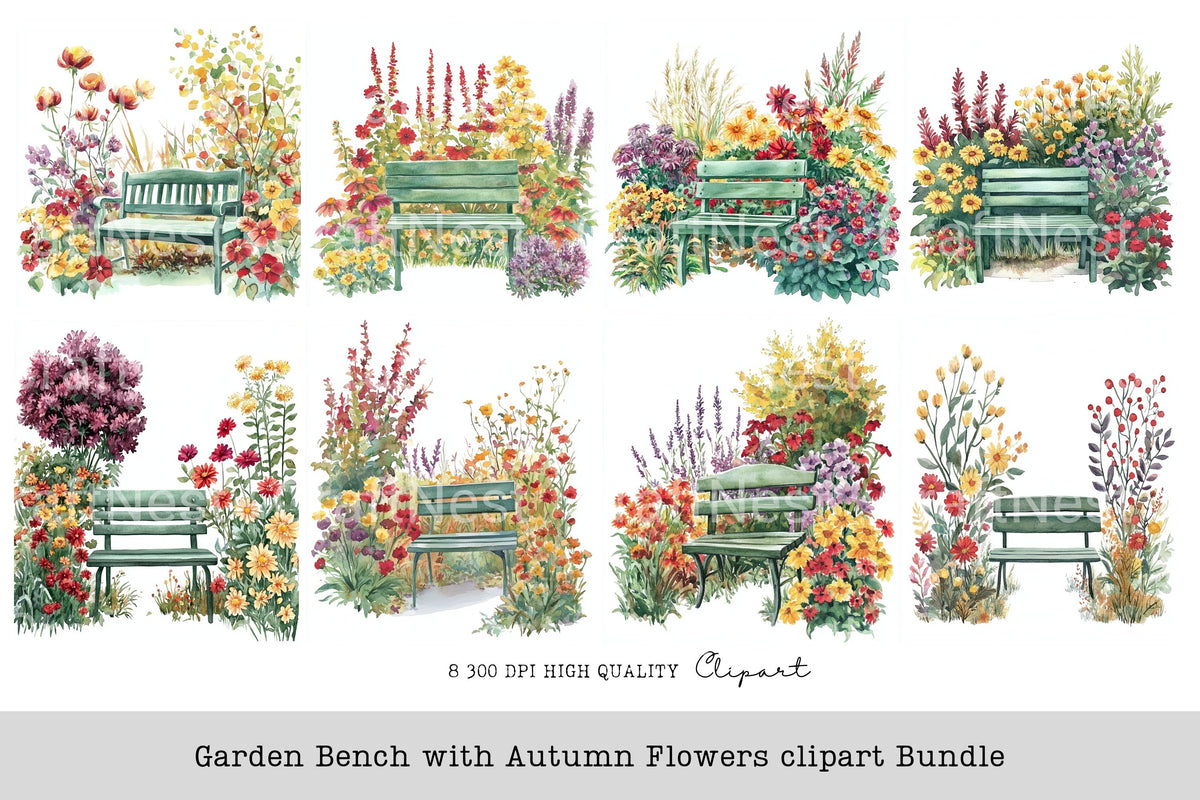 Garden Bench With Autumn Flowers Clipart Bundle