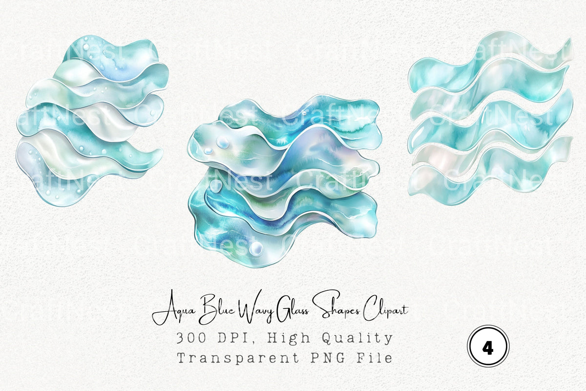 Aqua Blue Wavy Glass Shapes Clipart Bundle