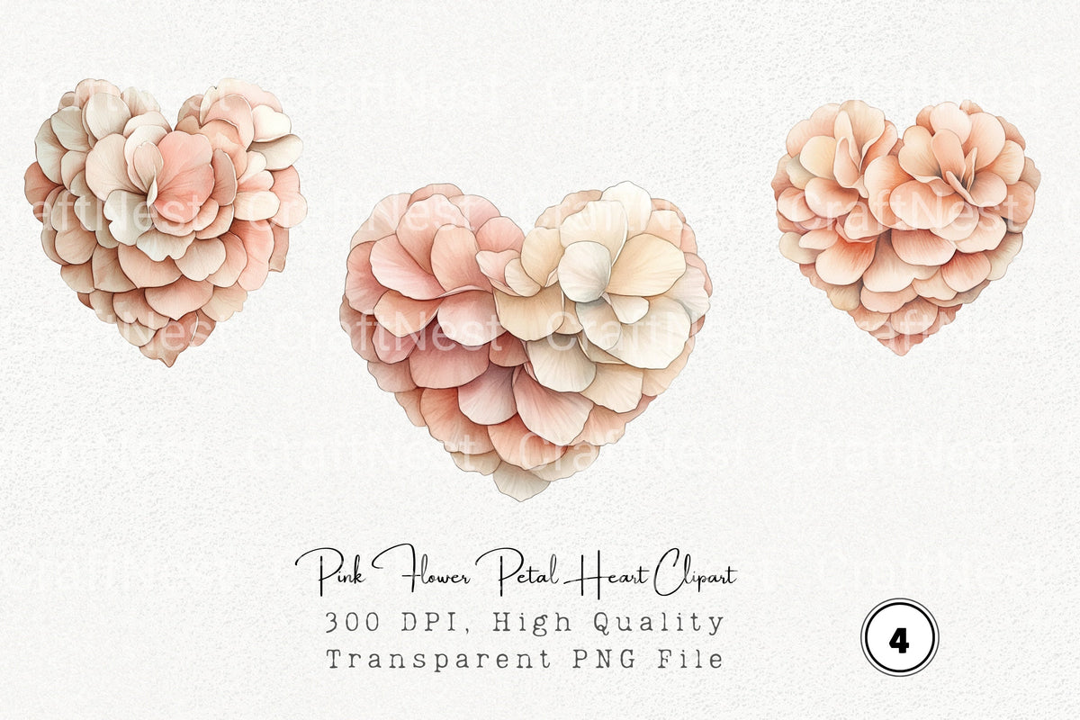 Pink Flower Petal Heart Clipart Bundle