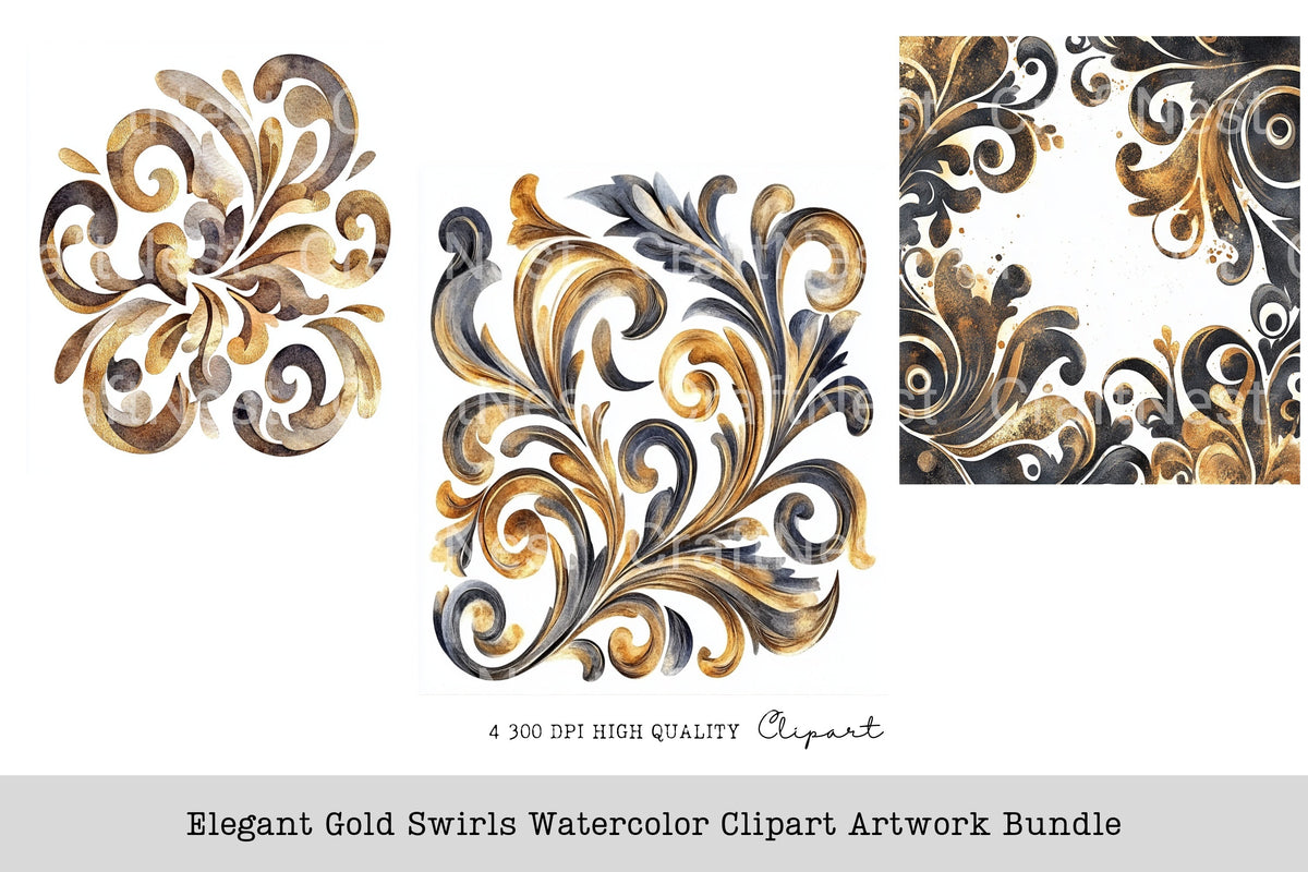 Elegant Gold Swirls Artwork Clipart Bundle