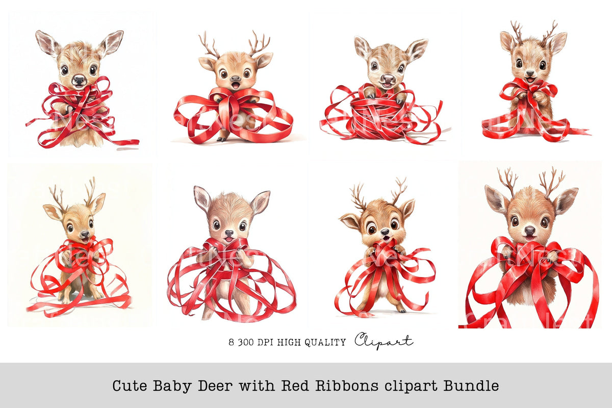Cute Baby Deer With Red Ribbons Clipart Bundle