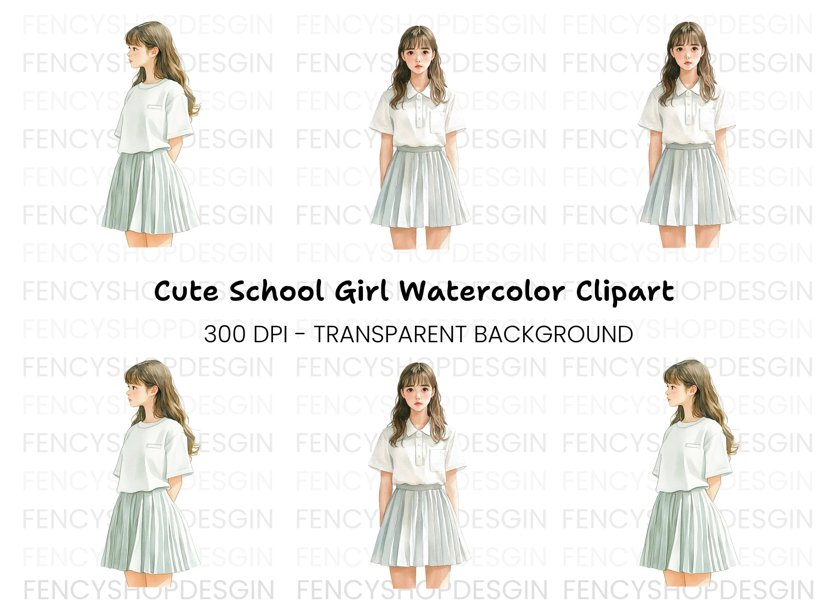 Cute Anime Girl in Pleated Skirt Clipart Bundle